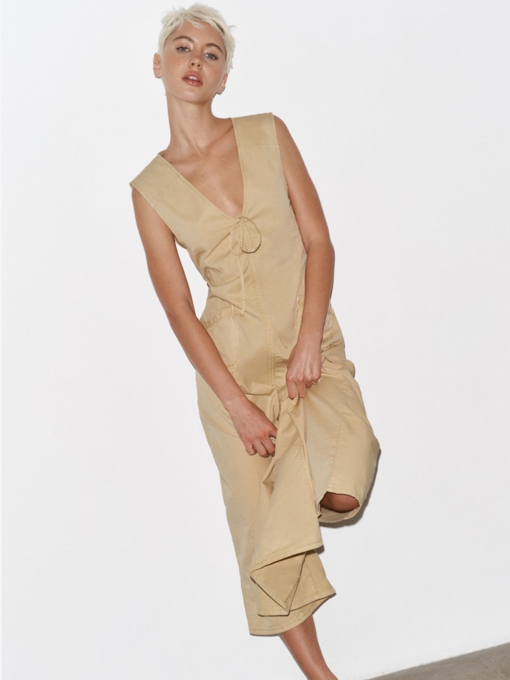 Zara Beige V-Neck Tie-Front Midi Dress